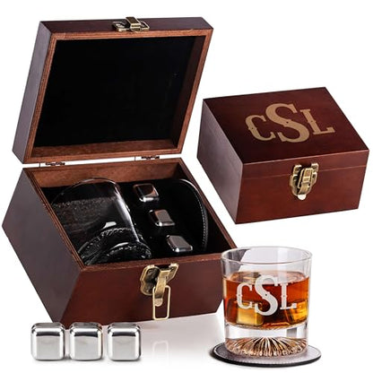 Custom Monogram 3 Initials Whiskey Gift Set, Glass, Wood Box, Him | Dot Design, Leather Coaster, Stainless Steel Stones, Personalized Design, Gift For Men, Husband Present, Dad Idea