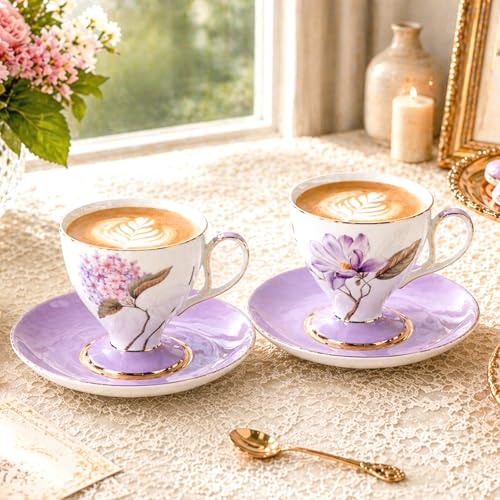 KAMMAK Tea Cups Set of 2,Ceramic Floral Pattern Demitasse Cup | Porcelain Espresso Cup with Saucer, 8.45 oz Handmade Elegant Bone China Tea Cups for Latte, Americano, Cappuccino - color: Magnolia & Hydrangea