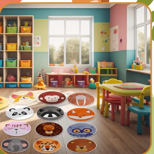 12 Pcs Carpet Circle Seats, 15 Inch Round Classroom Rug, Non Slip Corner Floor Cushion Mat, Circle Time Rug for Living Room, Learning, Playing Areas, Story Time, Group Activity(Animal) - style: Animal