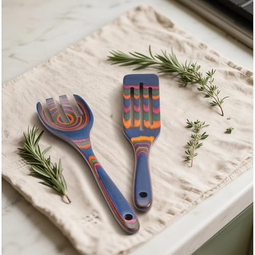 6-Piece Pakkawood Kitchen Utensils | Heat Resistant Wood Kitchen Utensils | Pakkawood Kitchen Cooking Utensil Set | Wooden Spoons for Cooking | Non-Sitck Cooking Spoons | Sapphire - color: Sapphire-6PCS