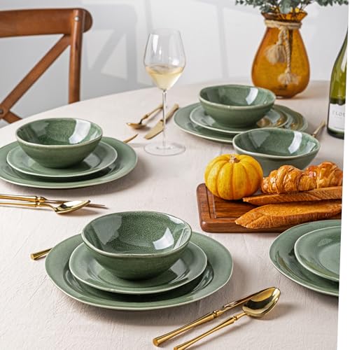 AmorArc Ceramic Dinnerware Sets for 4, Handmade Plates and Bowls Sets | Stoneware Reactive Glaze Dish Set, Scratch Resistant, Dishware Set for Kitchen Wedding, Dishwasher & Microwave Safe, 12 Pcs - color: Jade Green