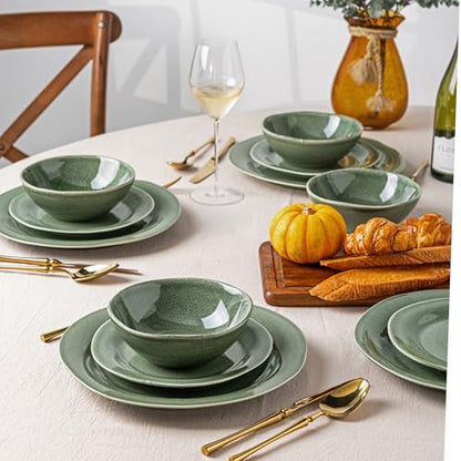 AmorArc Ceramic Dinnerware Sets for 4, Handmade Plates and Bowls Sets | Stoneware Reactive Glaze Dish Set, Scratch Resistant, Dishware Set for Kitchen Wedding, Dishwasher & Microwave Safe, 12 Pcs - color: Jade Green