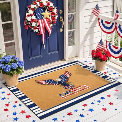 Timgle 2 Pcs Eagle Patriotic Doormat Set America Flag Veterans Day Outdoor Rug and Navy White Striped Area Rug Non-Slip Welcome Front Mat for Memorial Day Home Decor - style: Bald Eagle