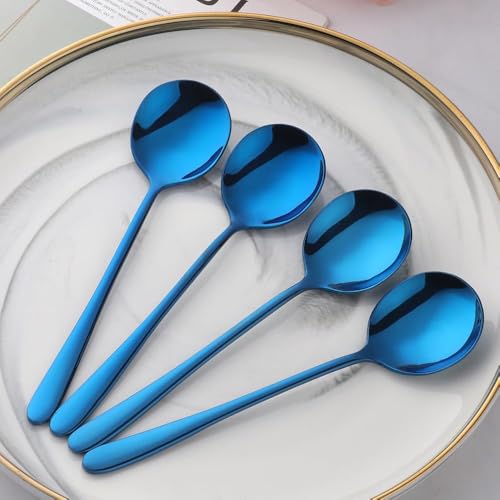 4-Pcs Stainless Steel Round Soup Spoons, 6.88 Inch, Heavy-Weight, Set of 4 - size: 4 pcs Blue