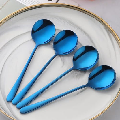 4-Pcs Stainless Steel Round Soup Spoons, 6.88 Inch, Heavy-Weight, Set of 4 - size: 4 pcs Blue