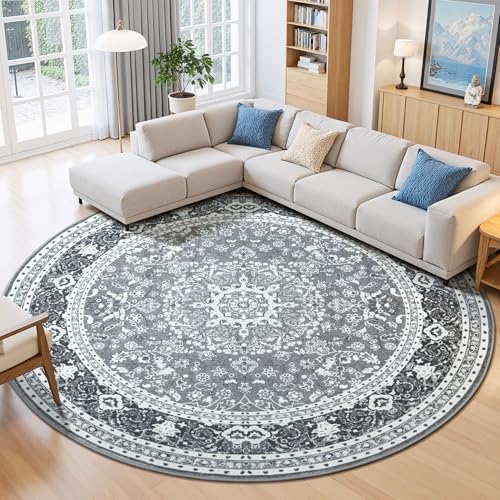 8FT Washable Round Area Rugs for Living Room, Non Slip Circle Rugs | Low Pile Vintage Carpets for Bedroom Dining Room, Nursery, Home Office, Kid Pet Friendly, All Vacuums Compatible, Grey White - color: Grey White, size: 8' (Round)