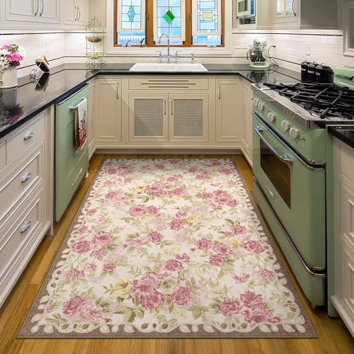 Washable 4x6 Area Rug, Cream Boho Floral Non-Slip for Kitchen, Entryway | Soft Low-Pile Faux Wool Carpet for Bathroom, Nursery, Bedroom, Home Office, Kid & Pet Friendly, Stain, Fade & Wear Resistant - color: Dusty Pink, Cream and Sage Green, size: 4' x 6'