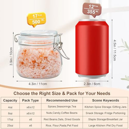 17oz Airtight Glass Jars, 6 Pack Clamp Lid Canisters, Small Food Storage Containers for Spices, Nuts, Snacks, Canning Jar for Jams & Pickling, Pantry Organization - size: 17 fl oz x 6 - Round