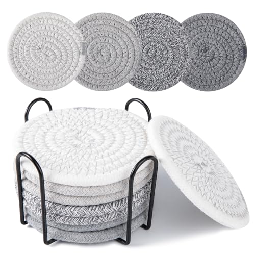 OIAHOMY 8 Pcs Coasters with Holder for Beer, Coffee, Woven Cotton Coaster Set for Table Decor for Kitchen, Bar, Dining Room, Living Room, Housewarming Gifts - Grey - color: Gray