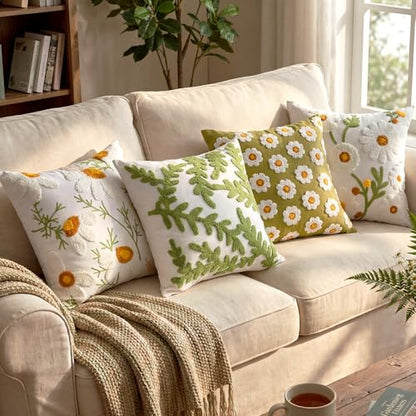 Fourluoo 4 Pcs Daisy Embroidered Throw Pillow Covers 18x18 Daisy Decorative Pillow Cover with Zipper Spring Floral Tufted Cushion Pillowcase for Bed Couch Sofa Living Room - style: Daisy