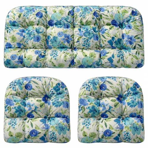 RSH DECOR: 3-Piece Wicker Tufted Cushion Set | 44" x 22" Loveseat & 22" x 22" U-Shapes | Outdoor Replacement Cushions | Water & Fade-Resistant Spun Fabric | Made in USA (Bettina Aqua) - color: Bettina Aqua, size: 44" x 22" & 2 - 22" x 22"