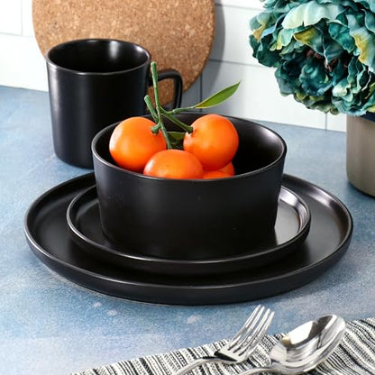 Elama Luxmatte Modern and Contemporary Stoneware Dinnerware Set in Matte, Service for 4 (16, Black) - color: Black