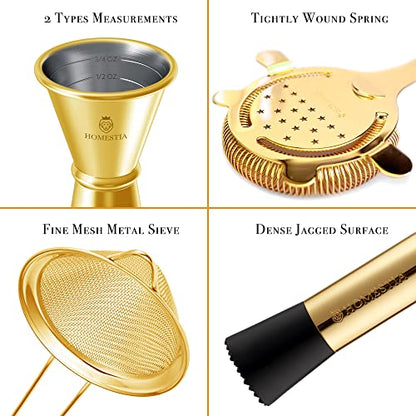 Homestia 12 Pieces Boston Cocktail Shaker Set, Mixology Bartender Kit, Gold | Stainless Steel Bar Set Accessories, 18 oz/28oz Weighted Boston Shaker Tins, Martini Shaker Mixing Tools for Home Bartending - color: Gold