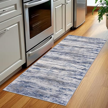 KOZYFLY Modern Washable Rug Runner 2x5 Hallway Rug Runner Grey-Blue | Non-Slip, Non-Shedding, Low Pile Soft, Abstract Striped, For Hall Kitchen Entryway Bathroom Laundry Bedroom Foyer - color: Blue-grey, size: 2' x 5' (Runner)