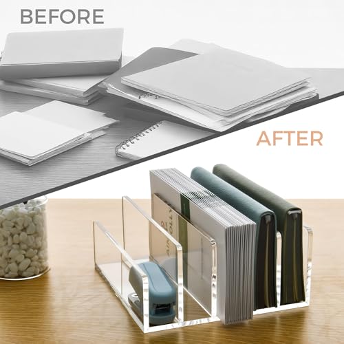 5 Compartments Clear Acrylic Mail Holder – Vertical Letter Sorter & Multifunction Desk Organizer for Bills, Documents, Notebooks – Modern Office/Home Envelope File Rack - size: 5 Compartments
