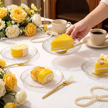 Rubtlamp 200 Pcs Clear Gold Dessert Plates with Forks, 6 inch Hammered Gold Small Disposable Plates, Fancy Appetizer Platos Include 100 Cake Plate,6 inch 100 gold Forks for Birthday, Wedding, Teatime - color: Clear gold