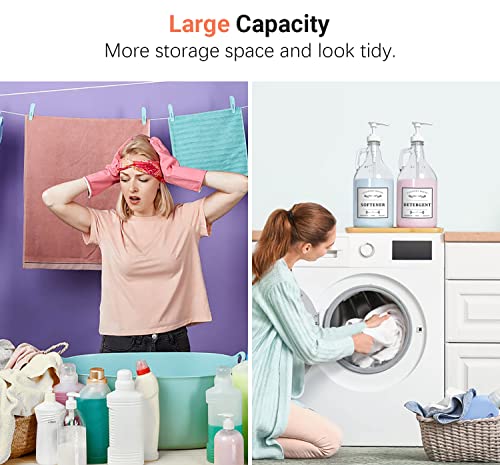 2 Pcs Glass Laundry Detergent Dispensers, 64 oz | Liquid Laundry Soap Dispenser for Laundry Room, Farmhouse Decor, with Pumps, Labels, Bamboo Tray, Funnel & Measuring Cups