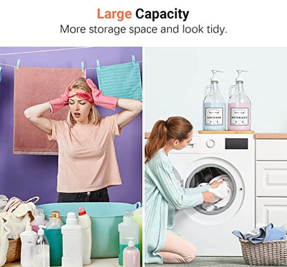 2 Pcs Glass Laundry Detergent Dispensers, 64 oz | Liquid Laundry Soap Dispenser for Laundry Room, Farmhouse Decor, with Pumps, Labels, Bamboo Tray, Funnel & Measuring Cups