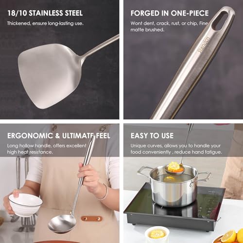 6 PCS All Metal Cooking Utensils Set - 18/10 Stainless Steel Kitchen Tools | Professional Cooking Spoons Set, 15" Spatula, Ladle, Skimmer Spoon, Pasta Serve, Large Spoon, Slotted Spatula Turner - color: 6-Pieces