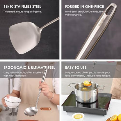 6 PCS All Metal Cooking Utensils Set - 18/10 Stainless Steel Kitchen Tools | Professional Cooking Spoons Set, 15" Spatula, Ladle, Skimmer Spoon, Pasta Serve, Large Spoon, Slotted Spatula Turner - color: 6-Pieces