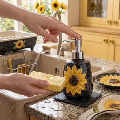 4 Pcs Sunflower Kitchen Decor Ceramic Soap Dispenser Set Comes with Sponge Tray Instant Dry Tray Suitable for Kitchen Accessories Bathroom Decor Housewarming Gifts - style: Sunflower