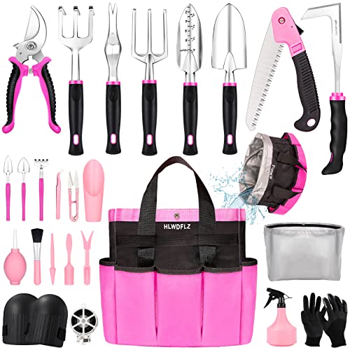 Pink Garden Tool Set Gardening Items for Women - 24PCS Heavy Duty Garden Tools with Detachable Storage Bag, Succulent Tool Set, Weeder - color: Pink