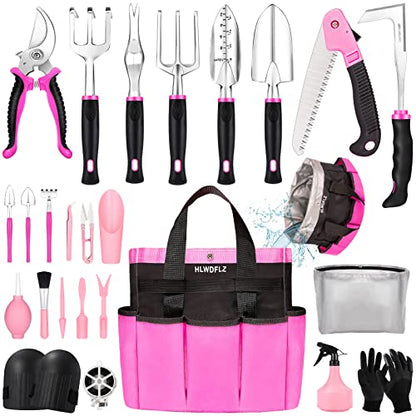 Pink Garden Tool Set Gardening Items for Women - 24PCS Heavy Duty Garden Tools with Detachable Storage Bag, Succulent Tool Set, Weeder - color: Pink