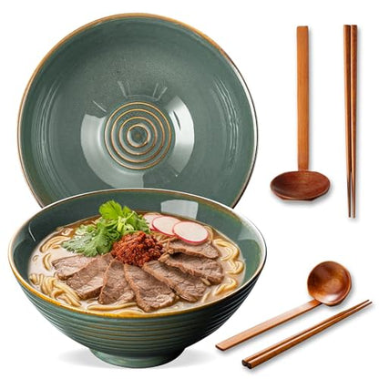 8 Inch Ceramic Ramen Bowl Set of 2, 40oz Japanese Bowls with Spoons & Chopsticks,Durable,Microwave & Dishwasher Safe,Perfect for Ramen,Pho,Salad,Soup,Noodles，Mixing bowls（Dark Teal） - color: Dark Teal