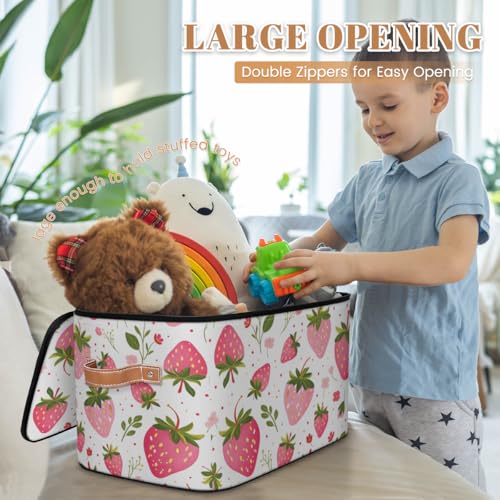 Storage Bin with Lid, Strawberry Stackable Closet Storage Bins, Decorative Bedroom Organizer Box, Lidded Baskets Living Room Storages Boxes Cube Organizer, Cute Container with Handles