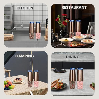 Rechargeable Gravity Salt Pepper Grinder Set, 2 Pack (Copper) | Gravity Rechargeable Grinder With Led Light & Adjustable Coarseness, No Extra Batteries Needed For Kitchen Seasoning - color: Rechargeable/2pcs/Copper