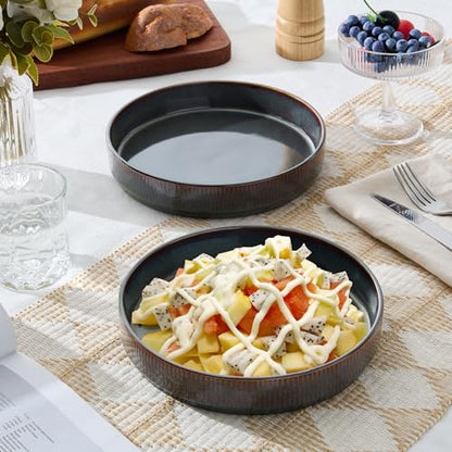 E-far Pasta Bowls Set of 4, 35oz Large Salad Bowl Plate for Dinner Serving, Wide & Shallow Ceramic Stoneware Pasta Plates, Microwave & Dishwasher Safe, Reactive Glaze Textured Stripes, Blackish Green - color: Blackish Green