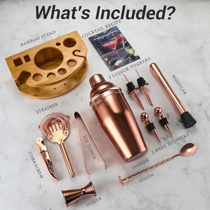 Cocktail Shaker Set Bartender Kit with Stand, 12 Piece Bar Set Drink Mixer Set with Stainless Steel Bar Accessories Tools: 25oz Martini Shaker Jigger Strainer Spoon Muddler for Cocktails (Rose Gold) - color: Rose Gold