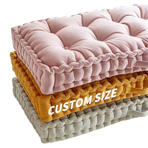 Custom Bench Cushion, Tufted Bench Cushions for Indoor Furniture, Window Seat Cushions Indoor, Velvet Bay Window Cushion, French Floor Cushions with Handle, 4 Inch Thick, 30+ Colors