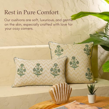 JBH Hand Block Print Reversible Throw Pillow Covers 18x18 Inch Set of 2 – Handmade (Green, Cream, 18x18 inch) - color: Green, Cream