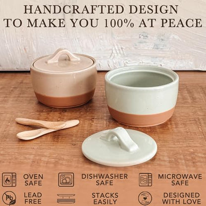 Mora Ceramic Salt and Pepper Cellar Set with Lid - 10 oz Modern Canister/Container/Bowl for Storage, Sea Salt, Spice, Sugar, Countertop - Small Dish/Jar with Wood Spoon, Matcha & Chai Crock - color: Matcha & Chai