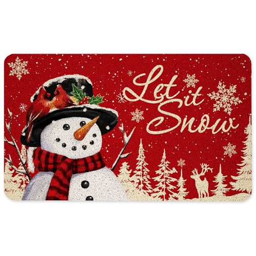 Vintage Red Christmas Door Mat, Snowman Doormat for Front Door Indoor Outdoor Entrance Porch, Christmas Winter Welcome Mat Outside, Xmas Snowman Bath Mats, 17x30 Inches - color: Vintage Red Christmas