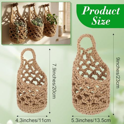 6 Pcs Macrame Hanging Planter Set - 3 Small (5.3"x9") & 3 Mini (4.3"x7.9") Boho Wall Mounted Cotton Baskets for Indoor Plants, Linen Color, Plants & Pots Not Included