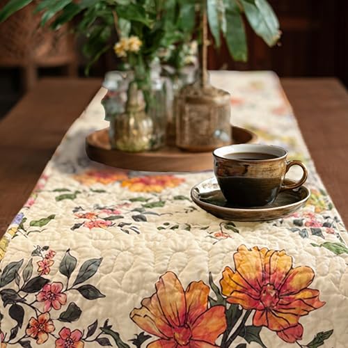 Reversible Patchwork Floral Quilted Table Runner, 13 x 72 Inch | 13 x 72-inch reversible cotton table runner, patchwork front, white-ground floral back, gift boxed, machine washable