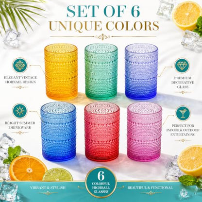 Khen Plastic Hobnail Drinking Highball Glasses Set of 6 Bright Tones Cups 14oz, Shatterproof & Unbreakable Acrylic Beaded Design, BPA-Free, Dishwasher Safe Indoor/Outdoor Drinkware Water, Cocktails - color: Sunshine Colors, style: Set of 6