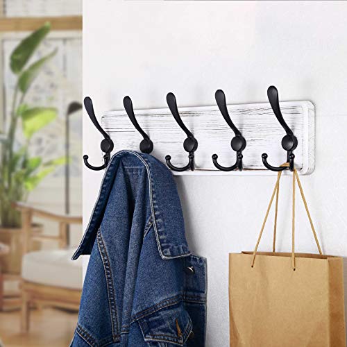 SKOLOO Rustic Wall Mounted Coat Rack: 16" Stud Spacing, Pine Real Wood Plank Wall Coat Rack with 5 Triple Hooks, Farmhouse Coat Hanger Wall Mount for Hanging Backpack Jacket Coat Hat - color: White Plate & Black Hook, size: 1 Item-5 Hooks