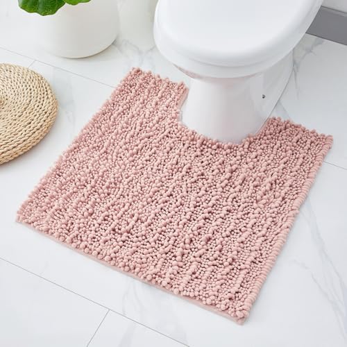ILANGO Toilet Rugs U Shaped Pink 24x24 Bathroom Rugs,Extra Soft Absorbent Chenille Bath Rugs,Thick Non-Slip Shaggy Bath Mat,Machine Washable Quick Dry Shaggy Bath Mats for Toilet Contour - color: Pink, size: 24"×24" Toilet Rug