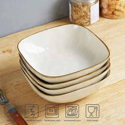 famiware Ocean Pasta Bowls Set of 4, Square 8" Serving Bowl, Vanilla White | Microwave & Dishwasher Safe, Lead-free and Cadmium-free, Stoneware Scratch Resistant Plates Bowls, Serving Bowls - color: Vanilla White