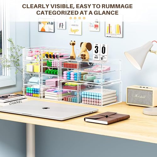 4-Pack Acrylic 16-Drawer Storage & Makeup Organizer for Desk | Smooth-glide drawers, clear acrylic, stackable, dustproof, wipe clean, for office supplies, pens, jewelry, makeup - size: 16 Drawers