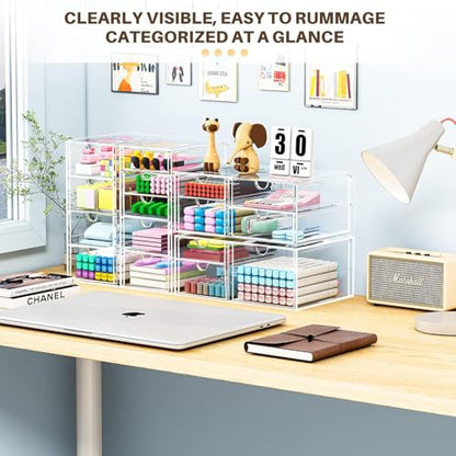 4-Pack Acrylic 16-Drawer Storage & Makeup Organizer for Desk | Smooth-glide drawers, clear acrylic, stackable, dustproof, wipe clean, for office supplies, pens, jewelry, makeup - size: 16 Drawers