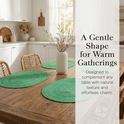 Placemats Set of 4, Woven Oval Braided Dining Table Mats(Green Shine) | 12 x 17.5 Inch Size Fits Plates and Flatware; Hand Washable and Heat Resistant for Kitchen Use, with Farmhouse and Boho Style - color: Green Shine, size: 4 pcs