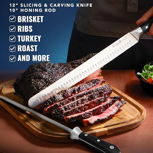 Cutluxe BBQ Carving Set, 12" Brisket Knife & 10" Honing Rod for Meat | Butcher Slicing Blades, Ultra Sharp German Steel, Ergonomic Pakkawood Handles – Artisan Series - size: 2 Pcs Brisket Knife Set