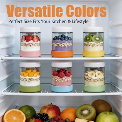6-Pack 16oz Glass Overnight Oats Containers with Lids and Silicone Sleeves | Wide Mouth Meal Prep Jars for Yogurt Chia Salad Snacks Sugar - Leakproof Stackable Mason Jars Sugar and Creamer Set - size: 16oz