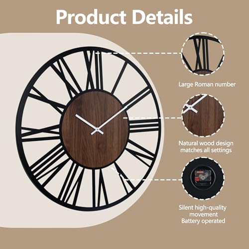 Large Lighted Wood Wall Clock Remote Control, Roman Numeral Modern Decorative Clock with Silent Movement, Battery Operated Clocks for Living Room Decor - size: 32inch-80cm