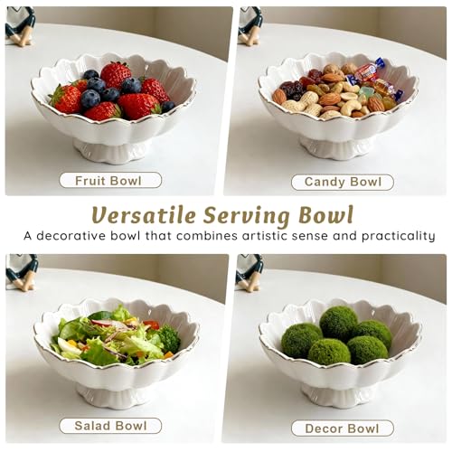 White Small Decorative Bowl 8 Inch Ceramic Key & Fruit Bowl Ruffle Lotus Shape with Gold Rim Candy Bowl, Multi-Use Centerpiece Pedestal Bowls for Kitchen Counter, Coffee Table, Entryway, Wedding