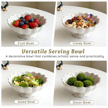 White Small Decorative Bowl 8 Inch Ceramic Key & Fruit Bowl Ruffle Lotus Shape with Gold Rim Candy Bowl, Multi-Use Centerpiece Pedestal Bowls for Kitchen Counter, Coffee Table, Entryway, Wedding